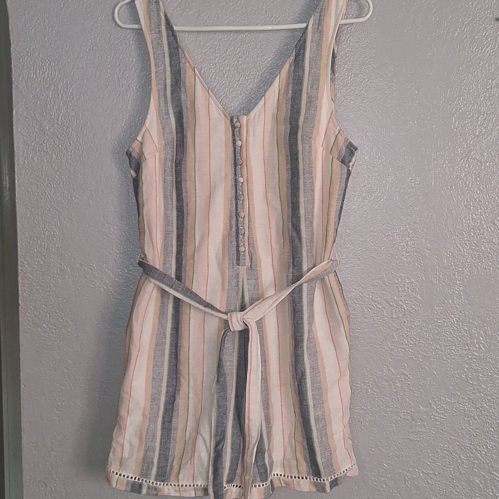 American Eagle Striped Multi Color Cotton Linen Blend Romper MT